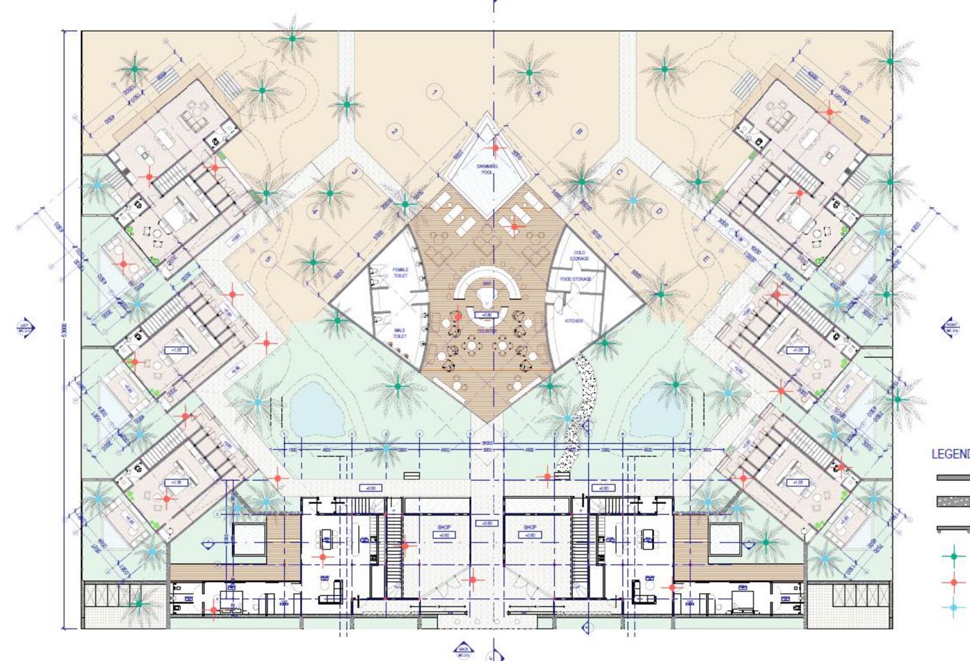 Masterplan, ground floor: villas on both sides, clubhouse in the middle, shops and townhouses on the street